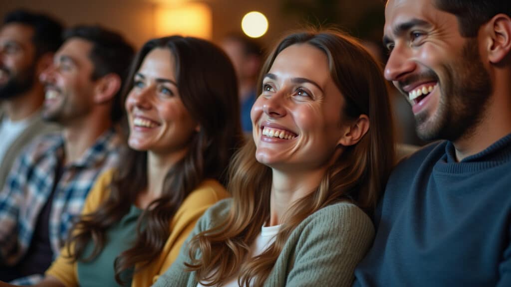 Pessoa relaxada e sorrindo enquanto assiste série.