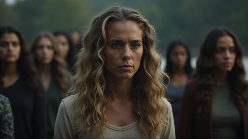 Prairie Johnson em The OA, com olhar determinado e grupo diversificado.