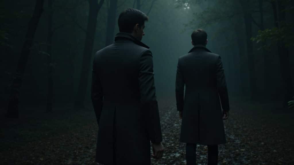 Cena tensa da série Dark, com floresta escura e personagens misteriosos.