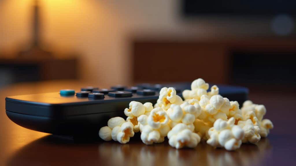 Controle remoto e pipoca, prontos para maratonar séries.