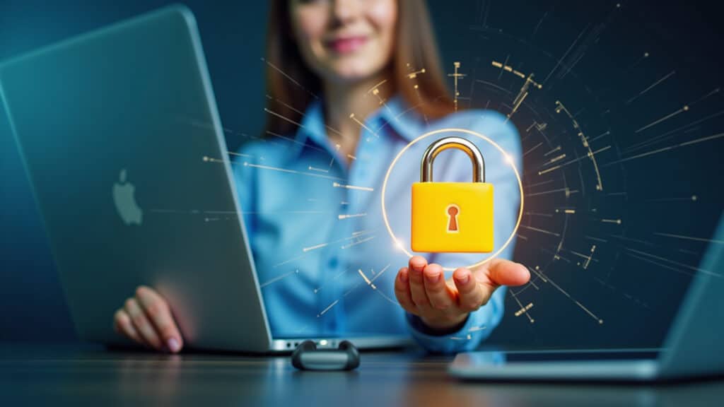 Mulher protegendo laptop com cadeado, segurança digital.