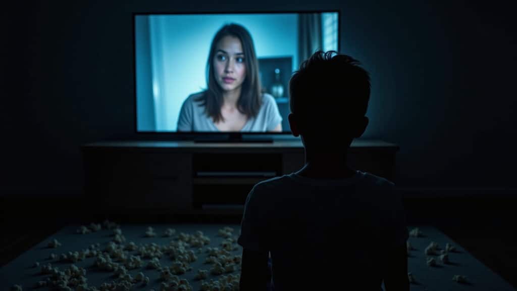 Pessoa assistindo filme de suspense na Netflix em ambiente escuro.