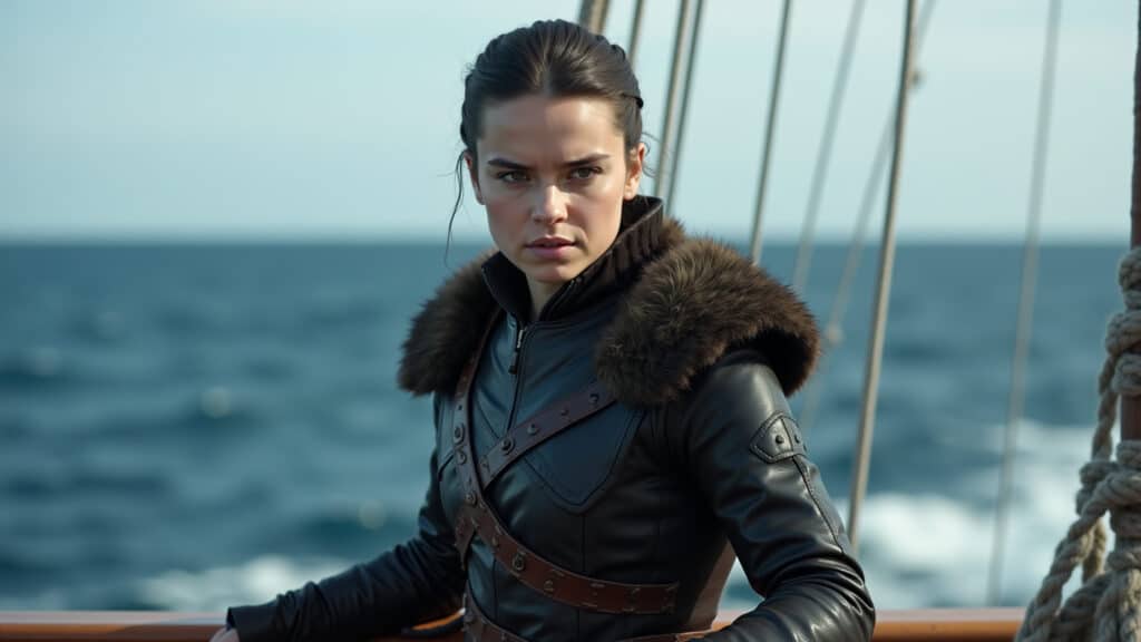 Arya Stark, adventurous attire, sailing west on a ship, determined expression. Vast ocean, horizon Arya Stark navegando para o oeste, exploradora.