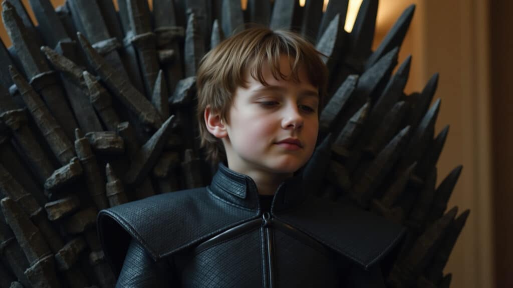 Bran Stark, serene expression, sitting on the Iron Throne, eyes closed, warging. Mystical, ethereal Bran Stark no Trono de Ferro, olhar sereno.