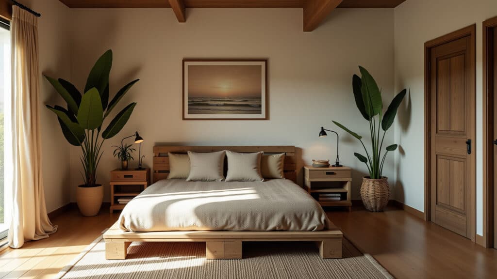 Brazilian room with pallet furniture, DIY design, sustainable decor, natural light, lifestyle Quarto brasileiro com móveis de pallet, design DIY e decoração sustentável.
