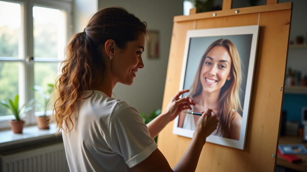 Brazilian woman crafting photo panel, DIY decor, vibrant room, natural light, lifestyle Mulher brasileira criando painel de fotos DIY para decorar o quarto.