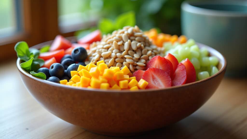 Tigela com frutas, legumes e grãos integrais ricos em fibras.