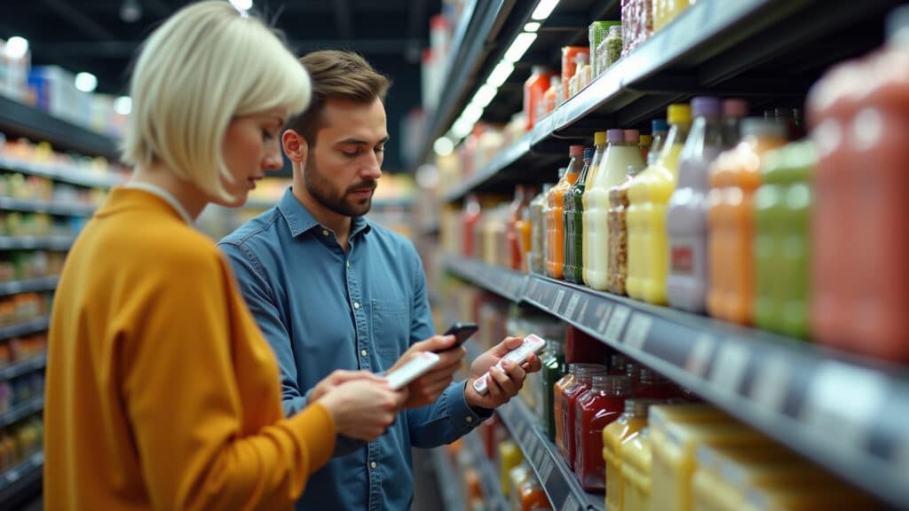 Comparando rótulos de produtos similares no supermercado.