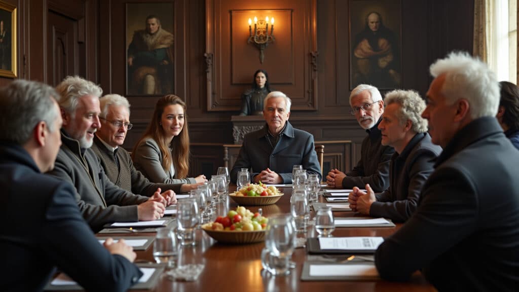 Council of Westeros, diverse characters, gathered around a table, discussing the future. Diplomatic Conselho de Westeros decide o futuro do reino.
