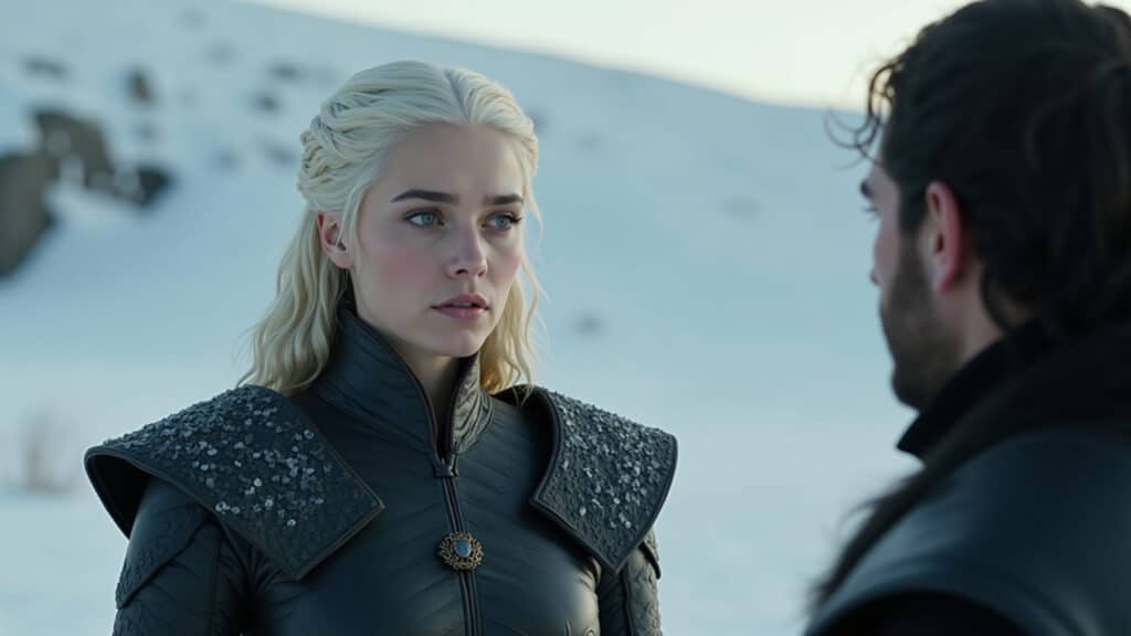 Daenerys Targaryen, determined expression, dragon wings subtly visible, facing Jon Snow in a snowy Daenerys e Jon Snow em momento decisivo em Westeros.