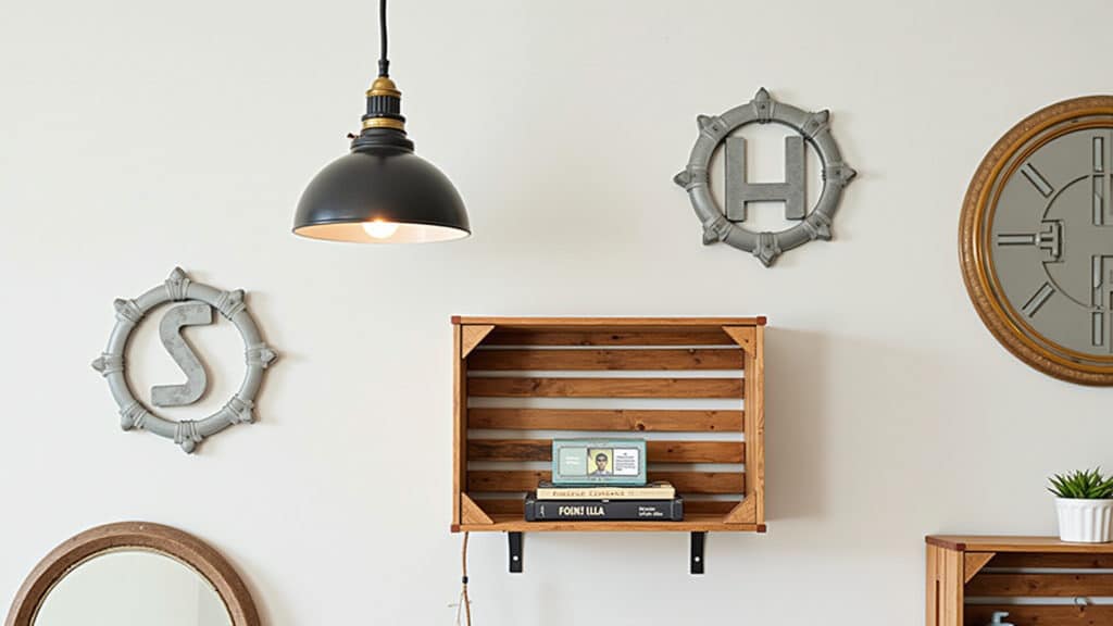 Estilo industrial DIY: luminárias com canos de PVC e prateleiras com caixotes de madeira.