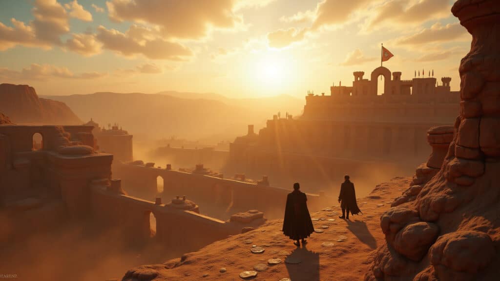 Dorne landscape, Martell banner, sunlit, overlooking a desert oasis. Ancient, wise atmosphere, Paisagem de Dorne, Casa Martell ao fundo.