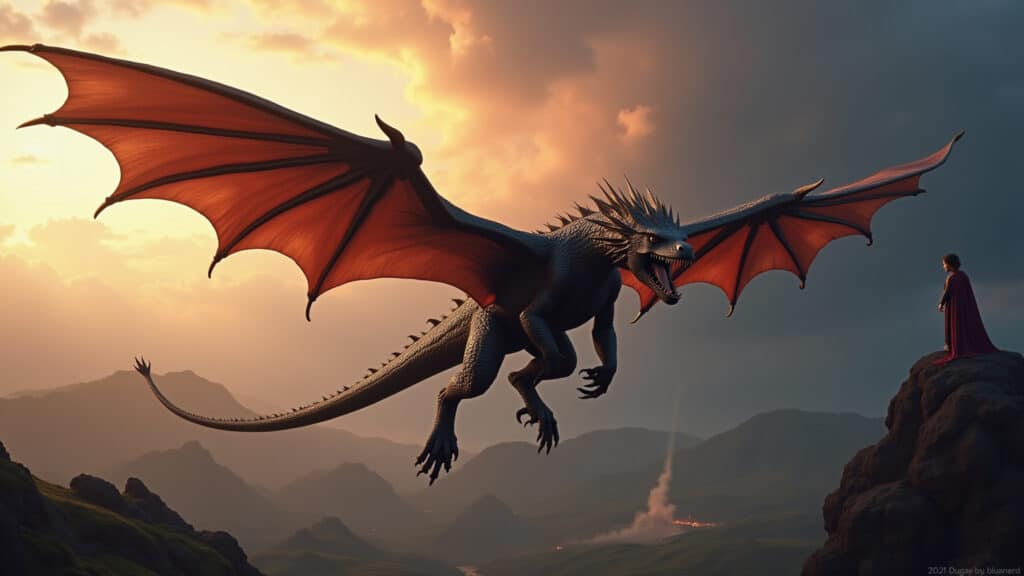 Drogon, majestic dragon, flying over Valyria with Daenerys' body. Volcanic landscape, dramatic sky, Drogon voa sobre Valíria com Daenerys.
