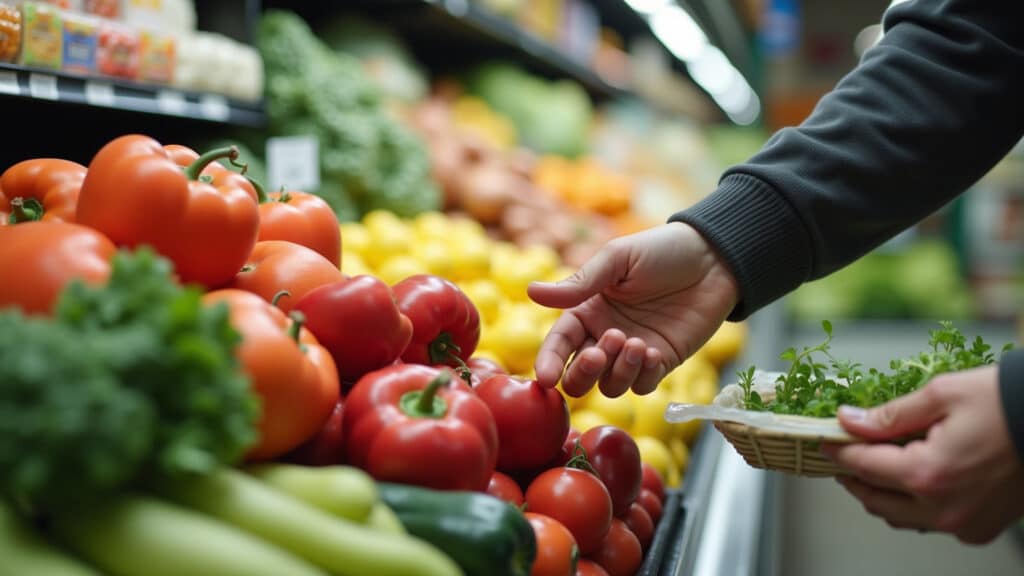 Mão escolhendo alimento com selo de certificação orgânica.