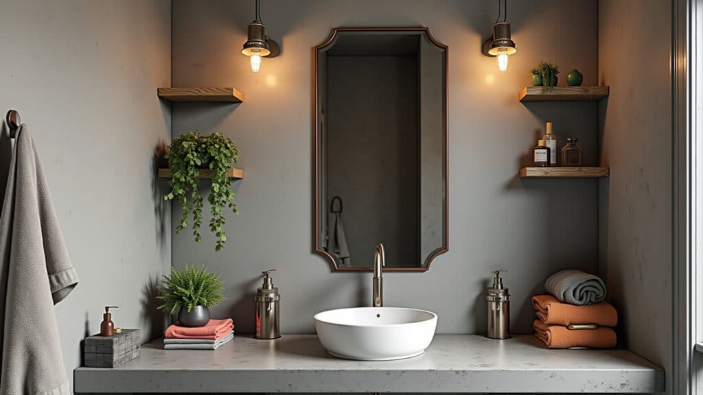 Banheiro estilo industrial com revestimento de cimento queimado e espelho com moldura de metal.