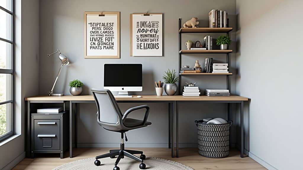 Escritório em estilo industrial com mesa de metal e cadeira de design industrial.