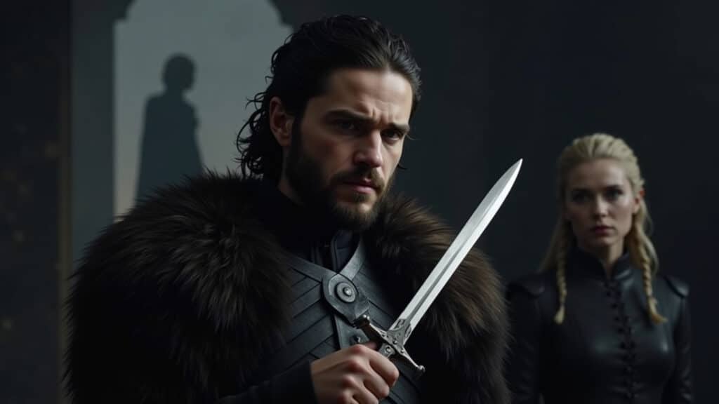 Jon Snow, conflicted expression, holding a dagger, silhouette of Daenerys in the background. Dark, Jon Snow com adaga, dilema moral em Game of Thrones.