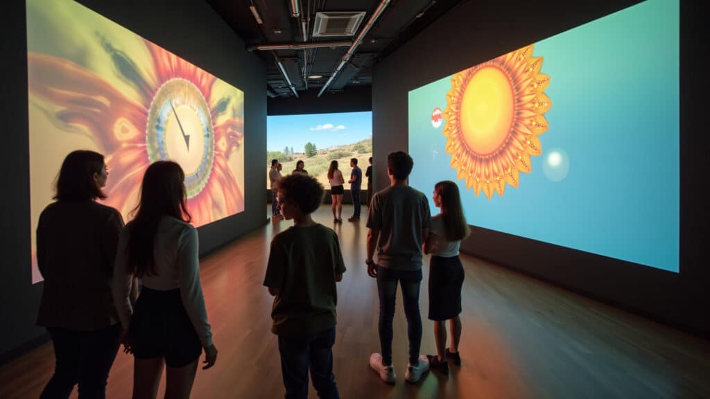Estudantes diversos aprendendo em um museu virtual imersivo no metaverso.