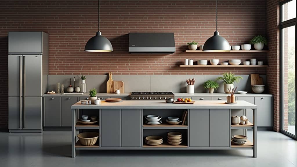 Cozinha industrial moderna com bancada de concreto e armários de metal.