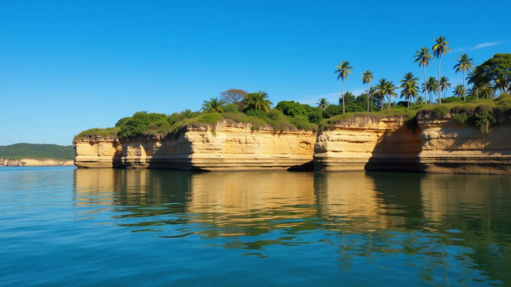 Praia do Espelho, Porto Seguro: falésias e mar calmo.