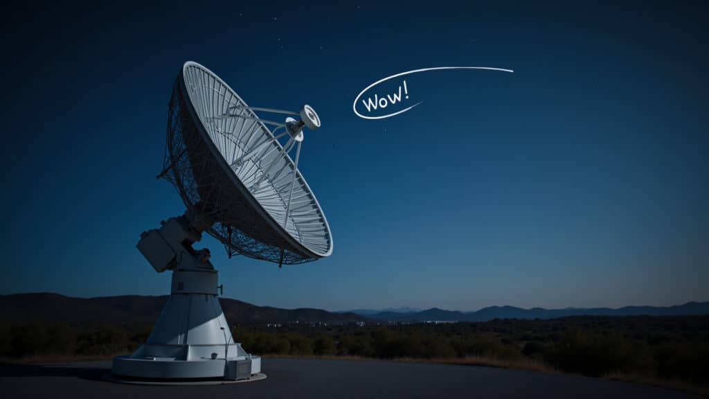 Radiotelescópio captando sinal misterioso no céu noturno.