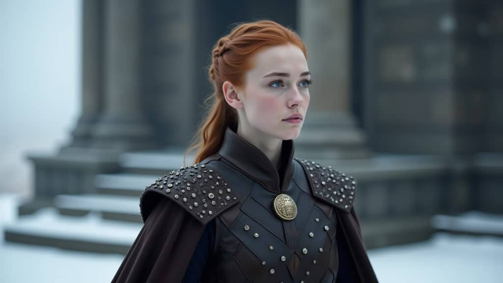 Sansa Stark, regal attire, standing in Winterfell, looking north with determination. Cold, stark Sansa Stark, Rainha do Norte, olhar determinado.