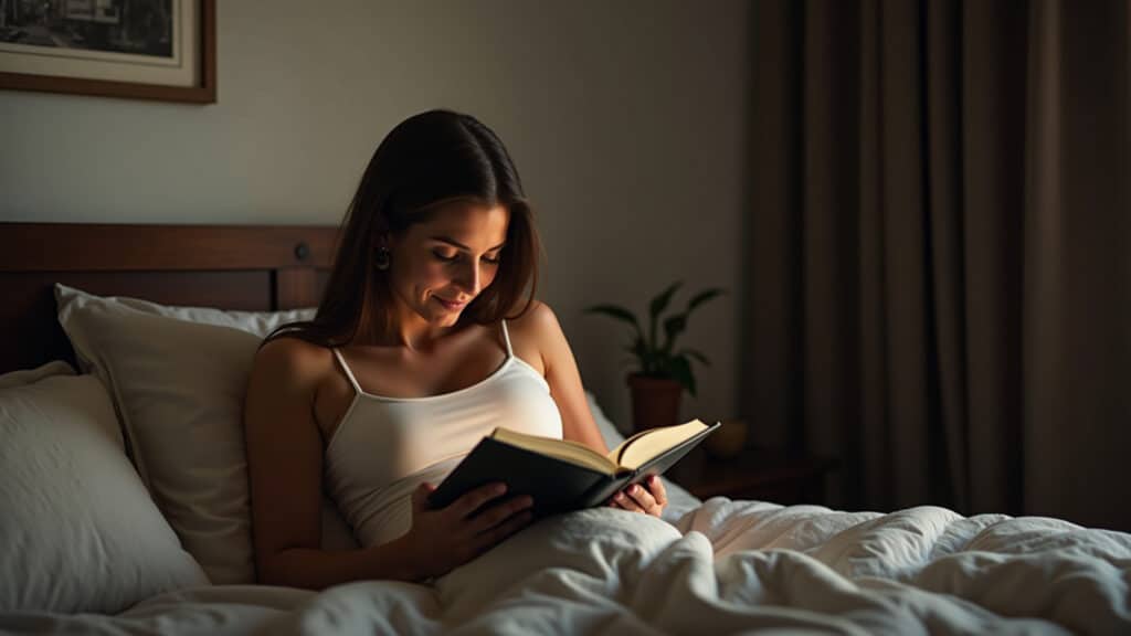Mulher relaxando com livro antes de dormir.