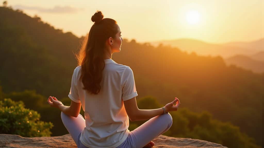 Mulher meditando ao nascer do sol, promovendo bem-estar mental.