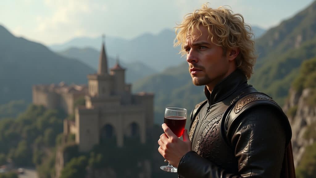 Tyrion Lannister, thoughtful expression, holding a glass of wine, overlooking King's Landing. Tyrion Lannister, olhar pensativo em Porto Real.