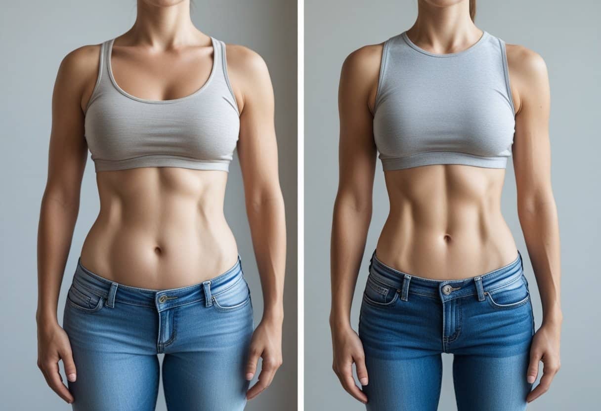 Comparação lado a lado do torso de uma pessoa antes e depois de um mês de uso de Ozempic, mostrando redução na cintura.