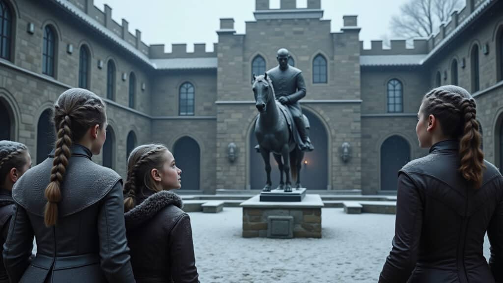 Winterfell courtyard, statues of Ned Stark, children gathered, looking up with respect. Snowy, Legado de Ned Stark em Winterfell, filhos reunidos.