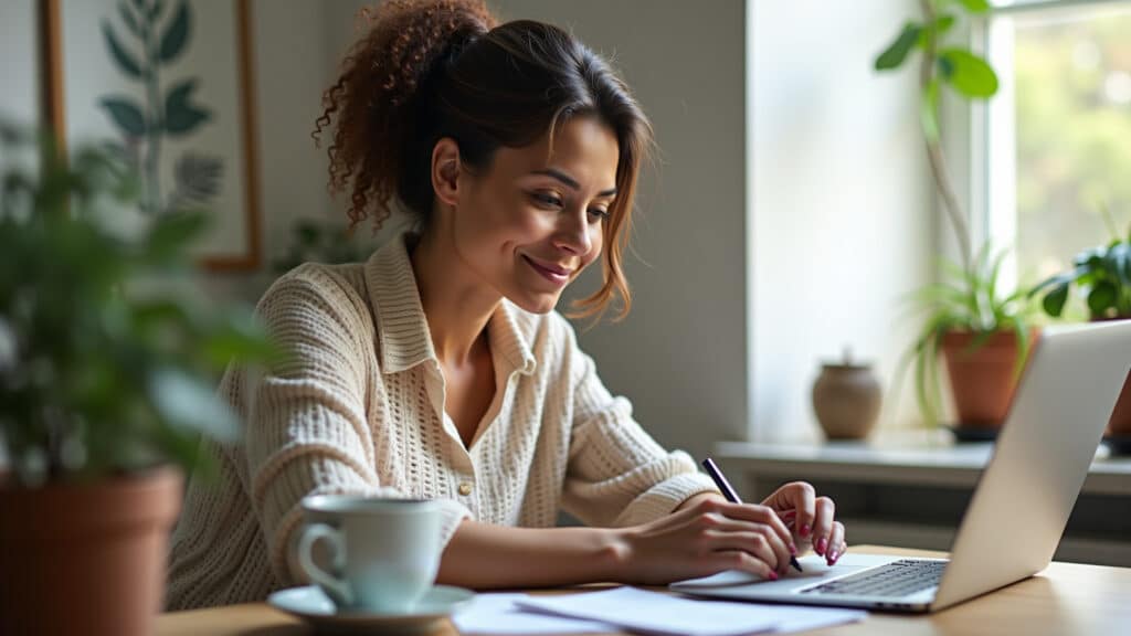 Freelancer escrevendo artigo em casa, ambiente aconchegante.