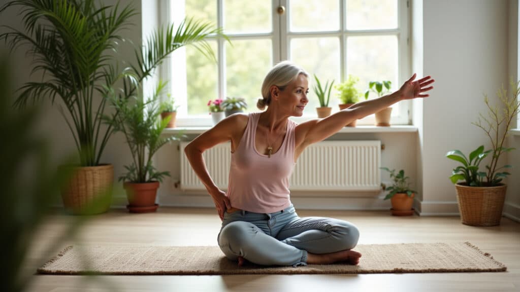 Mulher alongando em casa antes de iniciar os exercícios.