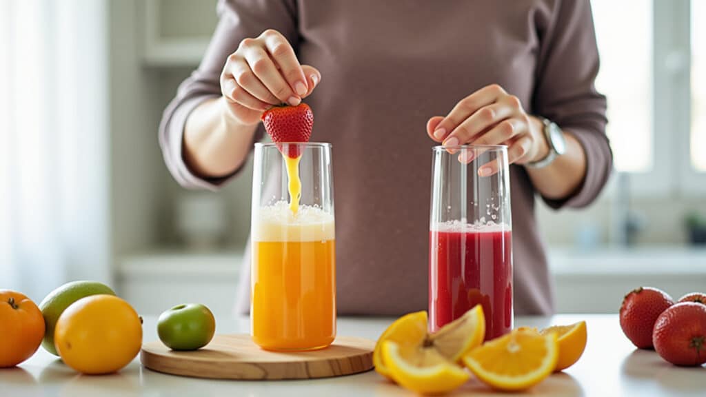 Mulher preparando suco natural em casa.