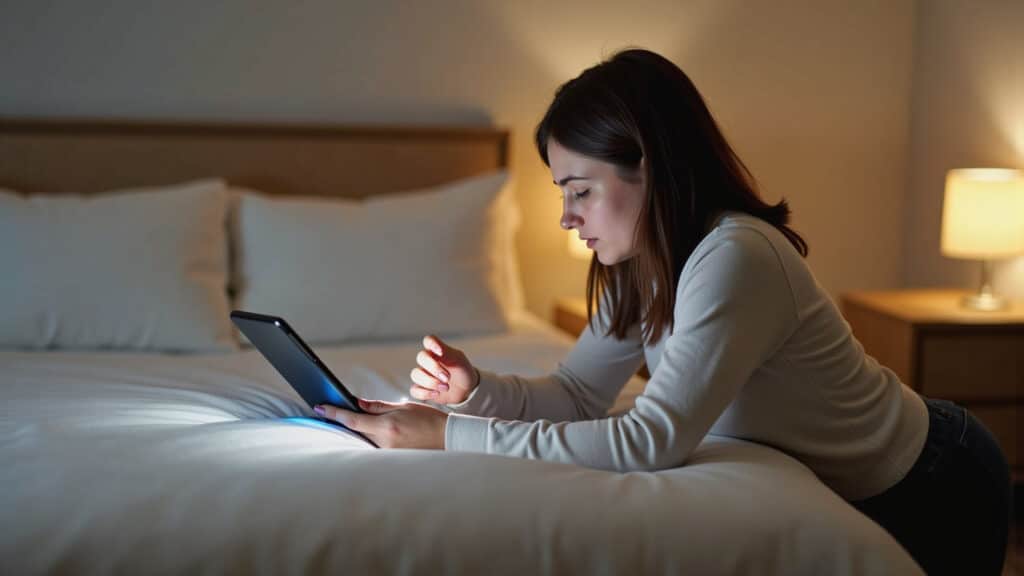 Mulher desligando aparelhos eletrônicos antes de dormir.